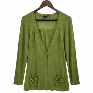 Eileen Fisher Silk Linen Cardigan Green Button Front Lightweight Knit M